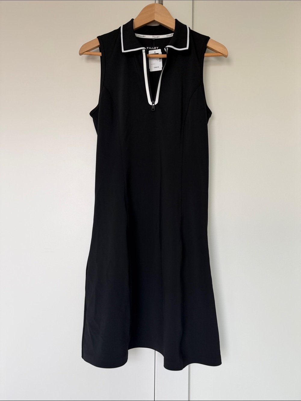 Quarter zip Tilley Black Sleeveless Polo Dress with White Trim